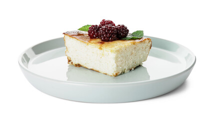 Plate with piece of cottage cheese casserole on white background
