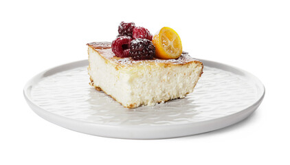 Plate with piece of cottage cheese casserole on white background