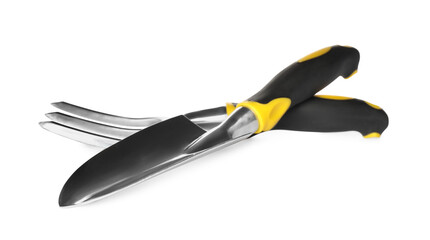 Obraz premium Trowel and pitchfork on white background. Gardening tools