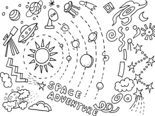 Space set doodle vector graphics illustration hand drawn print stars solar system planets comet asteroids spaceships