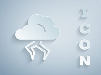 Paper cut Storm icon isolated on grey background. Cloud and lightning sign. Weather icon of storm. Paper art style. Vector