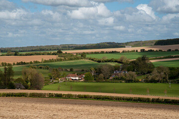 Fototapeta na wymiar Hampshire, England, UK. 2021. Patchwork of fields in the Hampshire countryside at Totford south of Basingstoke at Springtime.