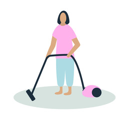 A stylish girl in a pink T-shirt and blue pants cleans up, vacuums, using a pink vacuum cleaner. Cleaning. Vector illustration in a flat style.