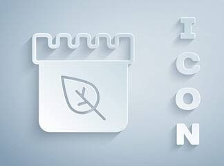 Paper cut Calendar with autumn leaves icon isolated on grey background. Paper art style. Vector