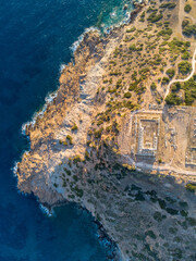 Poseidon Temple at Cape Sounion in Greece from drone