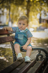 Cute little boy standing in the park on a bench standing and looking thoughtfully at the camera
