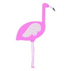 Vector pink color flamingo bird in cartoon style with hearts.