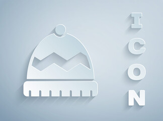 Paper cut Winter hat icon isolated on grey background. Paper art style. Vector