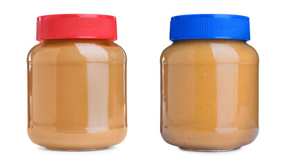 Delicious peanut butter in glass jars on white background, collage. Banner design