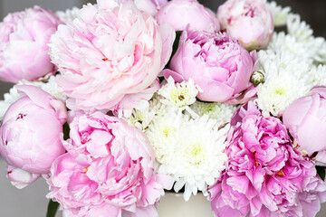 Beautiful bouquet of pink peonies. Floral shop concept	