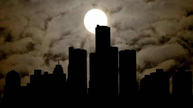 Detroit: Time Lapse By Night with Dark Atmosphere, Fog, Smoke, and Full Moon, USA