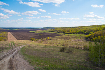 Naklejka premium spring landscape overlooking agricultural fields from the top of the mountain