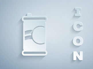 Paper cut Soda can icon isolated on grey background. Paper art style. Vector