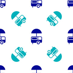 Blue Fast street food cart with awning icon isolated seamless pattern on white background. Urban kiosk. Ice cream truck. Vector