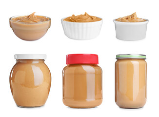 Set with delicious peanut butter on white background