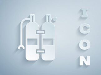 Paper cut Aqualung icon isolated on grey background. Oxygen tank for diver. Diving equipment. Extreme sport. Sport equipment. Paper art style. Vector