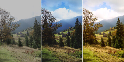 Photos before and after retouch, collage. Beautiful mountain landscape with conifer forest and...