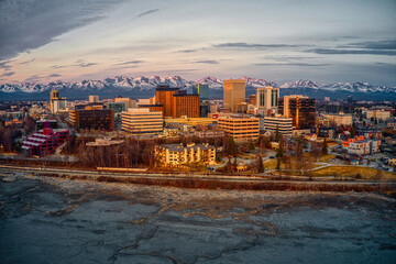 Aerial View of a Sunset over Downtown Anchorage, Alaska in Spring