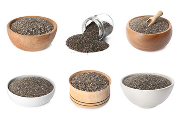 Set with chia seeds on white background