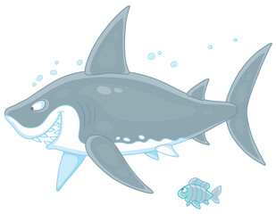 Funny great white shark slyly smiling and swimming with a small striped fish in water of a tropical sea, vector cartoon illustration isolated on a white background