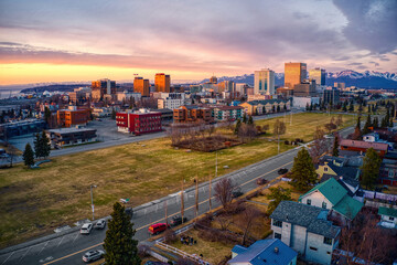 Aerial View of a Sunset over Downtown Anchorage, Alaska in Spring