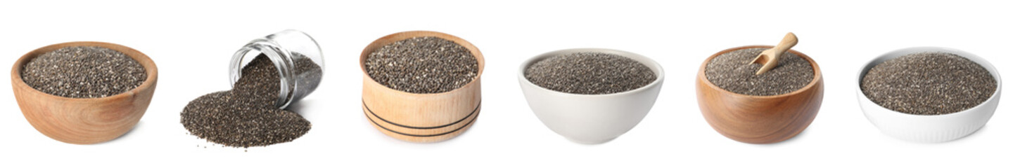 Set with chia seeds on white background. Banner design
