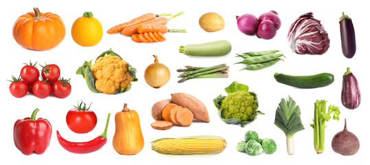 Collection of different fresh vegetables on white background. Banner design