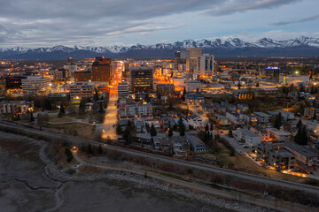 Aerial View of the Anchorage, Alaska Skyline at Dusk in Spring