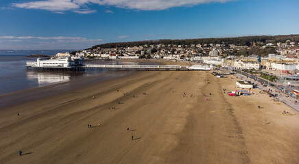 Aerial view of Grand Pier and beach, Weston-super-Mare, UK
