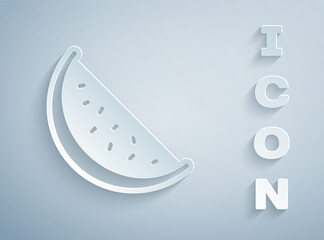 Paper cut Watermelon icon isolated on grey background. Paper art style. Vector