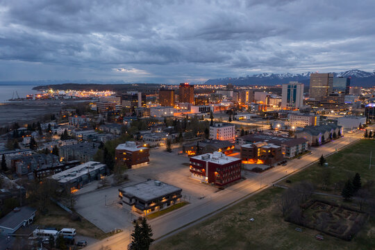 Aerial View of the Anchorage, Alaska Skyline at Dusk in Spring