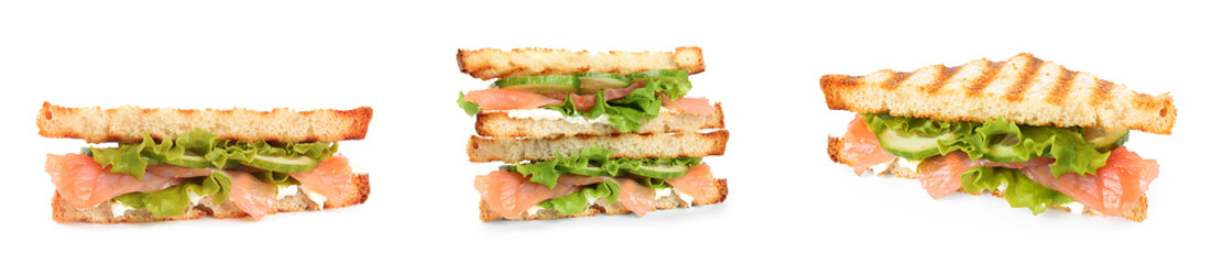 Set with different delicious sandwiches on white background. Banner design