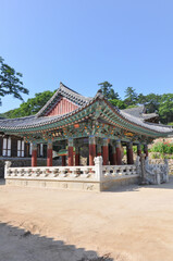 Bell Pavilion containing gong, bell and drum at Haeinsa Temple, Mount Gaya, Gayasan National Park, South Korea.