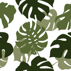Seamless pattern, monstera leaves and tropical plants. Vector illustration in a flat style.