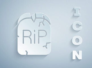 Paper cut Tombstone with RIP written on it icon isolated on grey background. Grave icon. Happy Halloween party. Paper art style. Vector