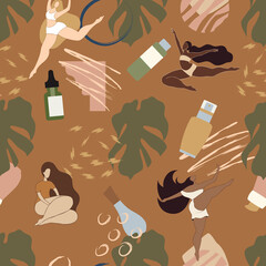 Seamless pattern, women, monstera leaves and tropical plants. Vector illustration in a flat style.
