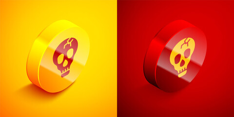 Isometric Skull icon isolated on orange and red background. Happy Halloween party. Circle button. Vector