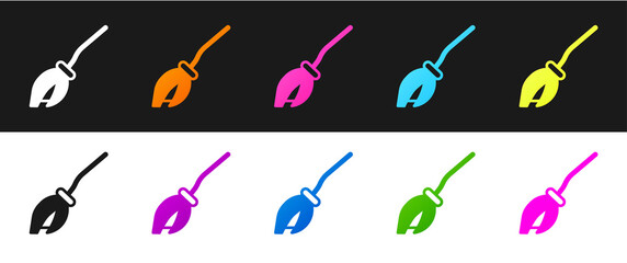 Fototapeta premium Set Witches broom icon isolated on black and white background. Happy Halloween party. Vector