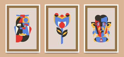 Collection of wall design vector illustrations, portrait abstraction art and vector templates with floral primitive shape elements. minimalistic abstract geometric face