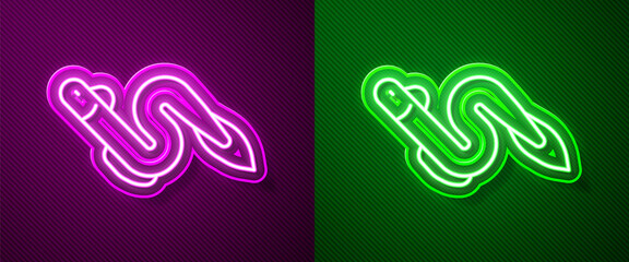 Glowing neon line Eel fish icon isolated on purple and green background. Vector