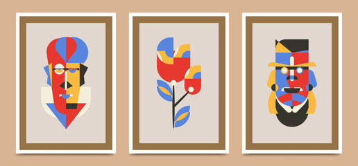 Collection of wall design vector illustrations, portrait abstraction art and vector templates with floral primitive shape elements. minimalistic abstract geometric face