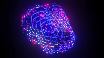 abstract background from blue glowing broken mesh with red highlights. 3d render illustration
