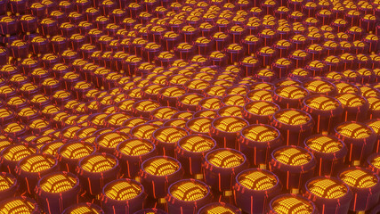 Fototapeta premium abstract background of rows of circular shapes with orange-black texture. 3d render illustration