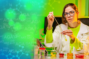 Woman geneticist during work. Girl works as a geneticist. Lots of test tubes in front of the girl...