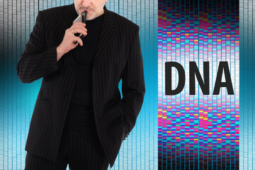 Illustration of a DNA sequencing method. Man next to the DNA sequencing logo. DNA sequence. Genomic...