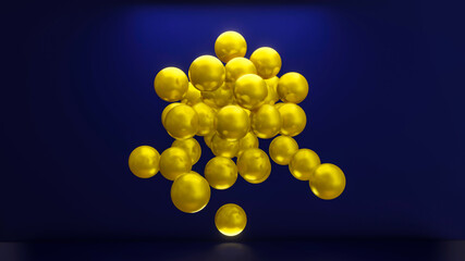 many yellow smooth spheres on a blue background. 3d render illustration