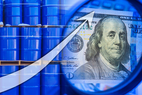 Rise in oil prices. Blue barrels as a symbol oil production. Crude petrolium trade. Rise in cost per barrel petrolium. Concept increase in price of oil companies shares. Petrolium price growth line