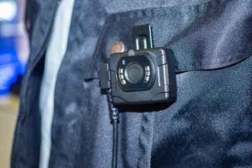 Small DVR is attached to shirt. Chest video recorder on background of uniform. It is attached to a...