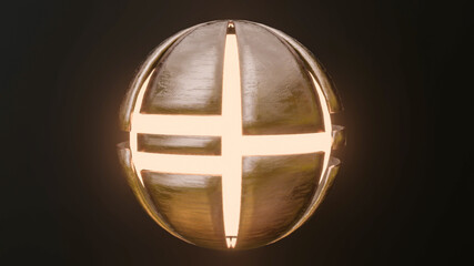Fototapeta na wymiar metal segmented cut sphere with glowing middle on black background. 3d render illustration