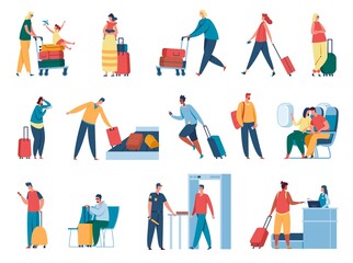People in airport. Passengers at passport control, going through security, waiting for plane departure. Tourists with luggage vector set. Man and woman with baggage for holidays or vacation